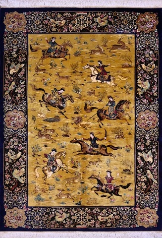 Tapis En Soie fond Doré à Decor De Chasse Au Fauve - Travil Iranien, Art Safavides N° 1368
