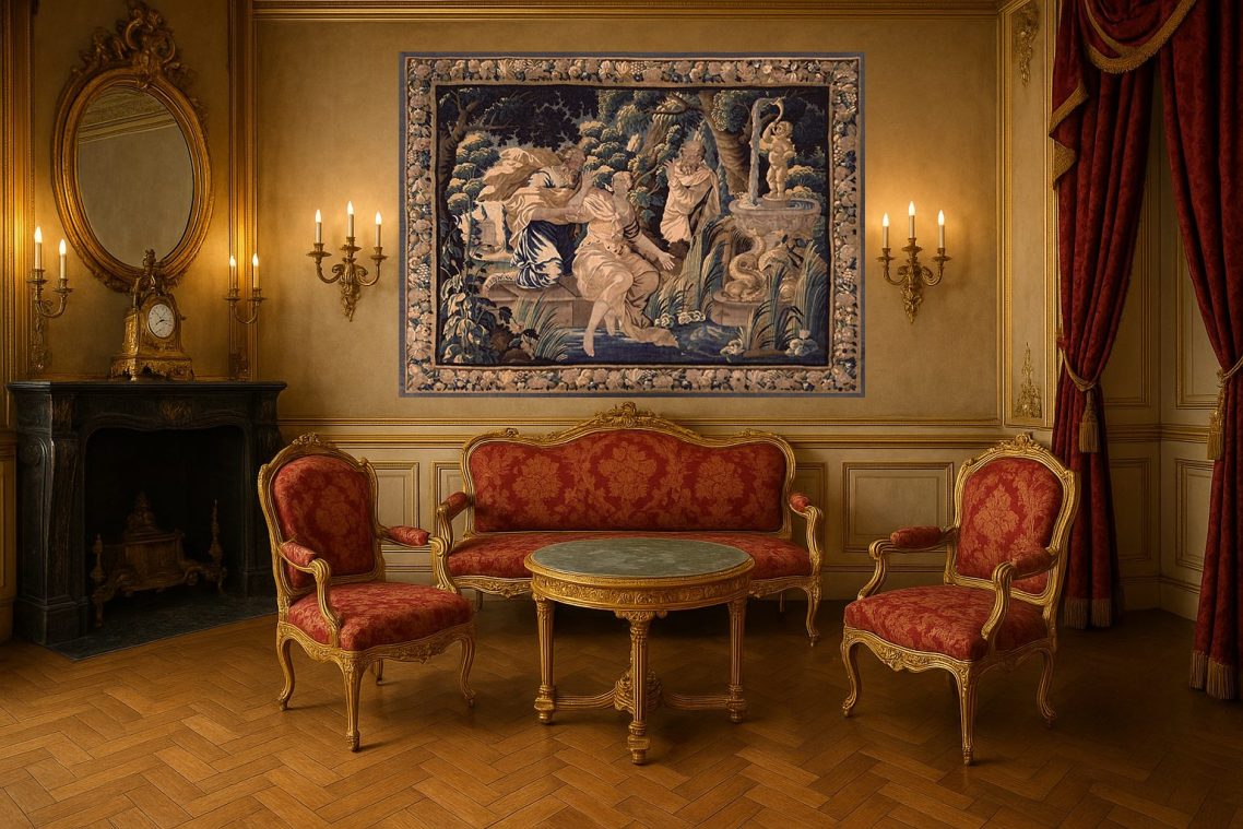 Salle de château avec tapisserie et mobilier d'époque Salle de château avec tapisserie et mobilier d'époque
