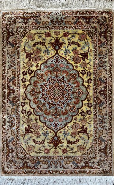 Exceptionnel Tapis Signé - Ghoum, Entièrement Soie - Vers 1970, 1m25x0.76m, N° 1200
